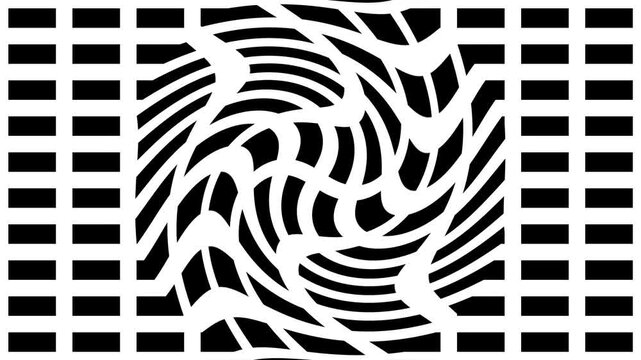 Abstract pattern templates distort monochromatic checkerboard grid blocks over pages. Optical illusion graphic design loops require an abstract pattern template layout view.