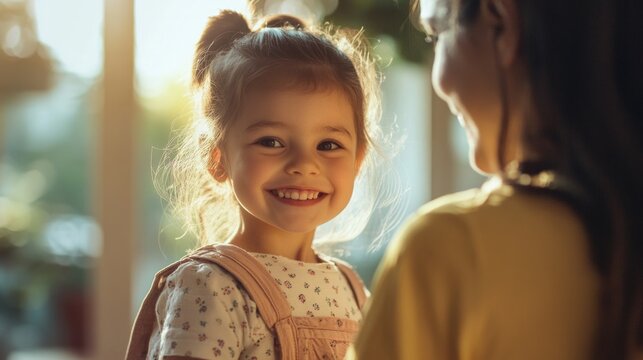 Happy family standing preparing for school. Little girl with mother.