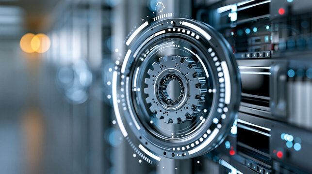 Machine learning algorithms optimizing processes in modern data center during evening hours, AI optimization concept, technology photography, blurred server background, with copy