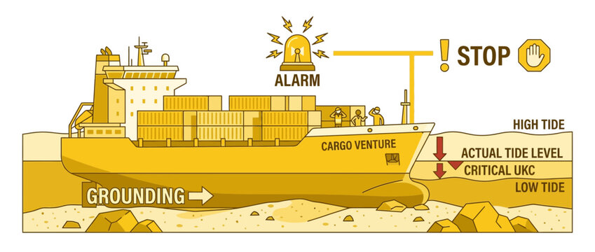 Cargo Ship Grounding Alarm: Critical UKC Alert, Low Tide, Sea Navigation Hazard