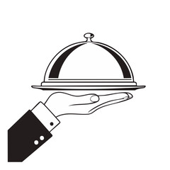 Fototapeta premium Professional hand serving food under a silver cloche with a formal suit cuff