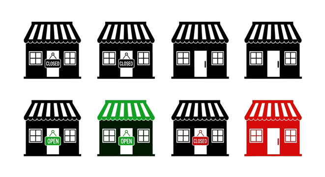 Storefront icons indicate open or closed status for retail businesses on a white background.