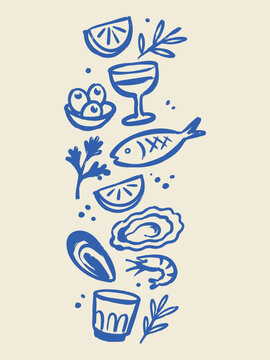 Seafood Wine Vertical Set Naive Doodle Vector Illustration