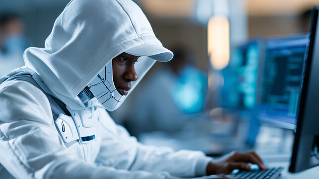 Faceless software engineer using computer for data engineering internet bot and data science in AI tech and big data analytics environment, innovative technology concept, tech