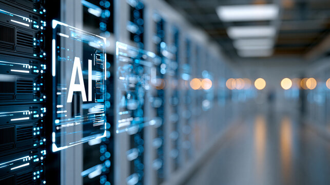 AI data center with glowing servers and holographic displays in modern high-tech facility, futuristic infrastructure concept, technology photography, blurred server background,
