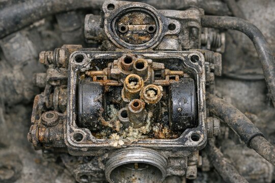 A close-up view of a motorcycle's carburetor, ideal for mechanics or automotive enthusiasts