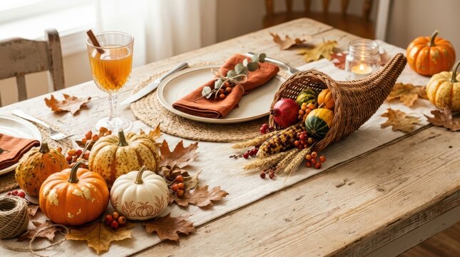 A festive Thanksgiving dinner table setting featuring a wicker cornucopia filled with gourds, mini pumpkins, dry leaves, plates, and a glass of cider.