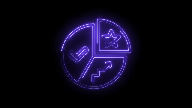 Neon pie chart with checkmark star and growth arrow glowing purple on icon black background
