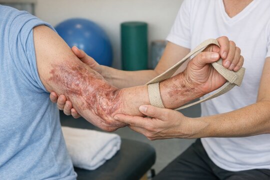 A person with a bandaged arm being checked by a healthcare professional