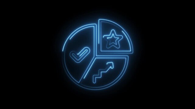 Glowing blue neon pie chart icon with checkmark star and growth arrow on black background