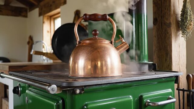 Steam rising from a copper kettle on a green vintage wood burning stove in a rustic home
