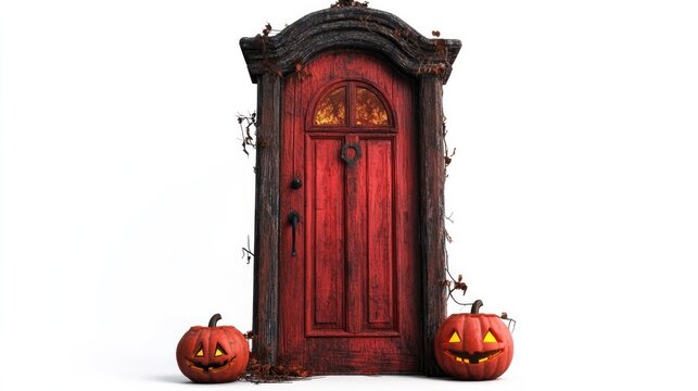 Halloween pumpkins hanging on wall, mystery door, leaves and scary faces in the center.