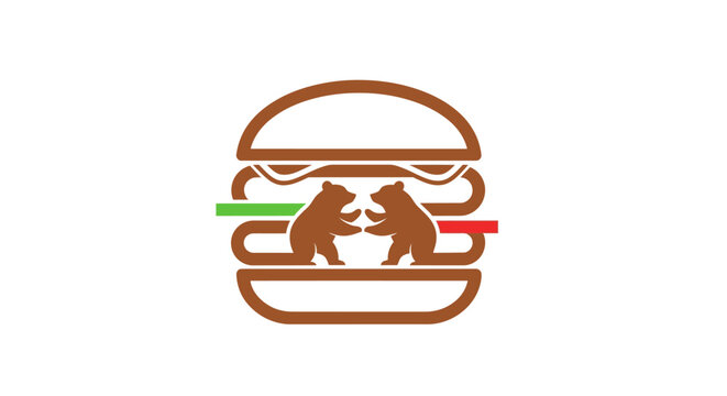 Creative hamburger logo with bear silhouettes as meat patties.