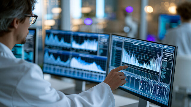 Faceless AI researcher reviewing benchmark comparison charts showing performance metrics across different large language models on dual monitor setup in research lab, AI