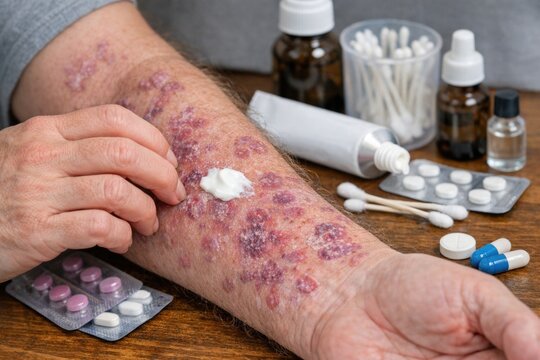 A person holding a large number of pills on their arm, for self-medication or treatment