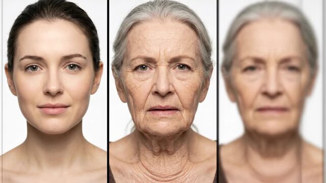 Triptych portrait of same woman at three life stages, presenting smooth youthful skin, mature facial detail, and elderly wrinkles in balanced panels on white background with soft studio lighting and