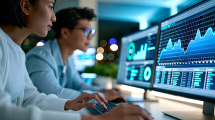 Fototapeta premium Faceless Asian expert tech talent team working on project predicting sales insight with SEO graph chart AI plan and big data science report on screen, business intelligence
