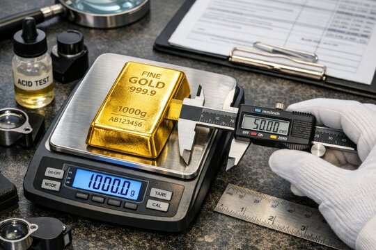 A person measures a gold bar on a scale
