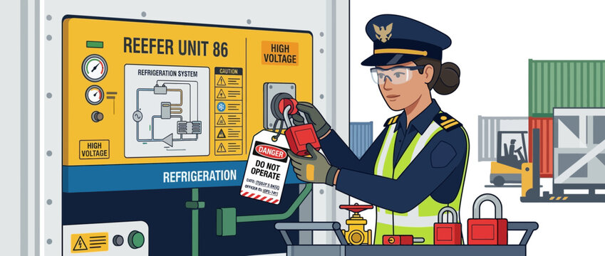 Port worker secures reefer unit with lockout tagout in shipping container terminal