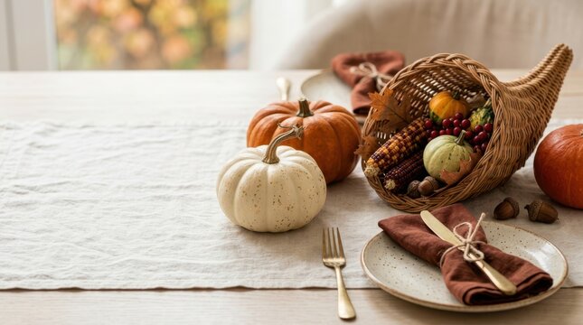 A festive Thanksgiving dinner table setting featuring a wicker cornucopia filled with gourds, mini pumpkins, dry leaves, plates, and a glass of cider.
