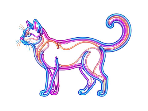 Vibrant neon glowing cat illustration featuring multi colored light lines and artistic striped patterns that create a modern electric aesthetic for creative design projects displayed isolated on a cle