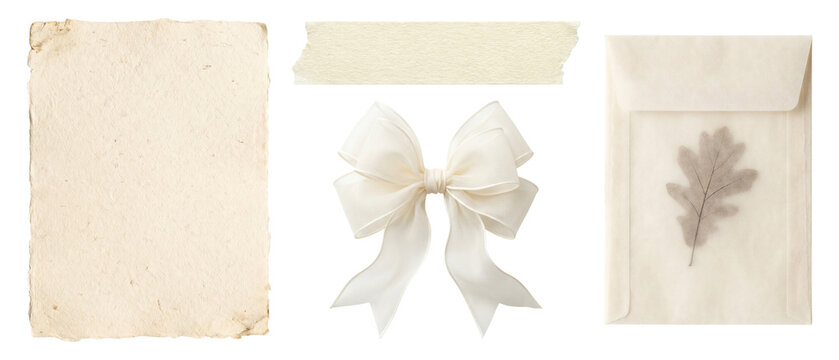 PNG Vintage scrapbooking elements set with handmade deckle edge paper textured tape white chiffon bow and vellum envelope with leaf isolated on transparent background