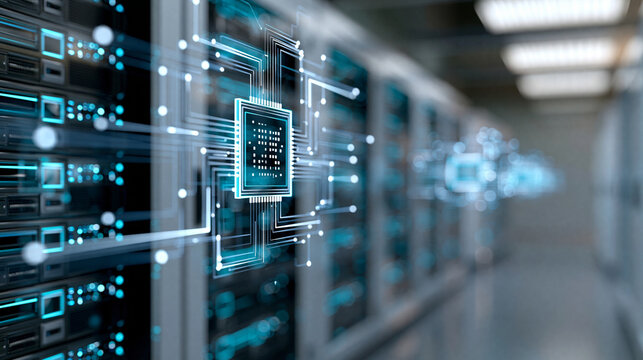 Artificial intelligence cloud computing infrastructure inside modern server room featuring floating digital processor managing complex big data center operations, AI