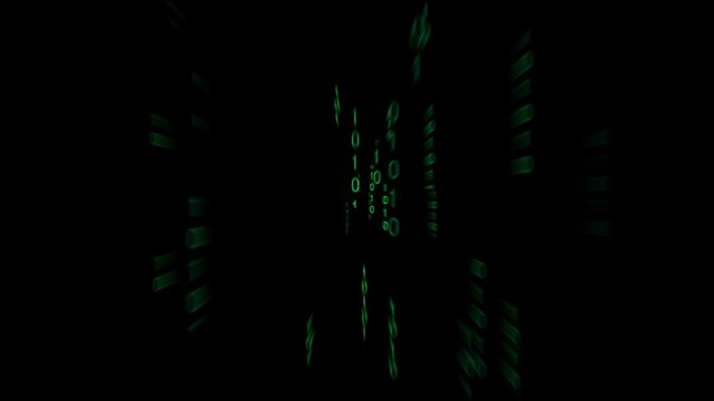 Digital tracking matrix graphics drop streaming green binary number rows down tunnels. Encryption core software applications use a digital tracking matrix graphics layout view.