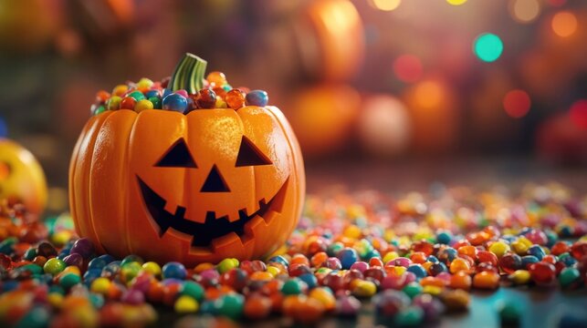 Halloween trick or treat scene with jack o lantern pails and a variety of candy. Top view on an orange background.