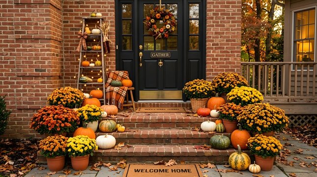 Festive halloween pumpkin autumn porch decor with mums and fall wreath