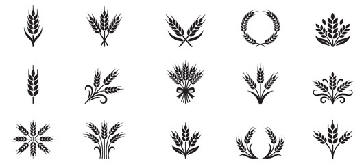 Wheat ears icon set. Agriculture barley stalk symbol. Organic grain farm harvest logo. Bakery cereal flour sign. Vector illustration. Vector Graphic. EPS 10 © Jeremy_Show