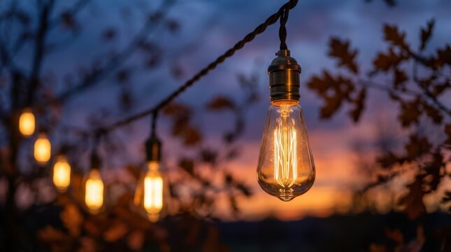 String of glowing vintage Edison light bulbs hanging outdoors against a beautiful autumn sunset background.
