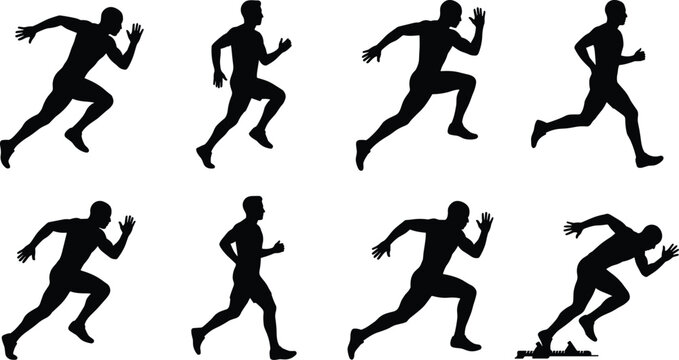 Running silhouettes showing sprinting motion stages, athletic stride cycle, starting block, sports training, fitness, and exercise concept for health, speed, and performance illustration themes