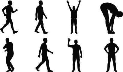 Running, walking, standing, waving, bending, expressive human silhouette poses collection, body language gestures, vector illustration, stock design image © Mahmudul