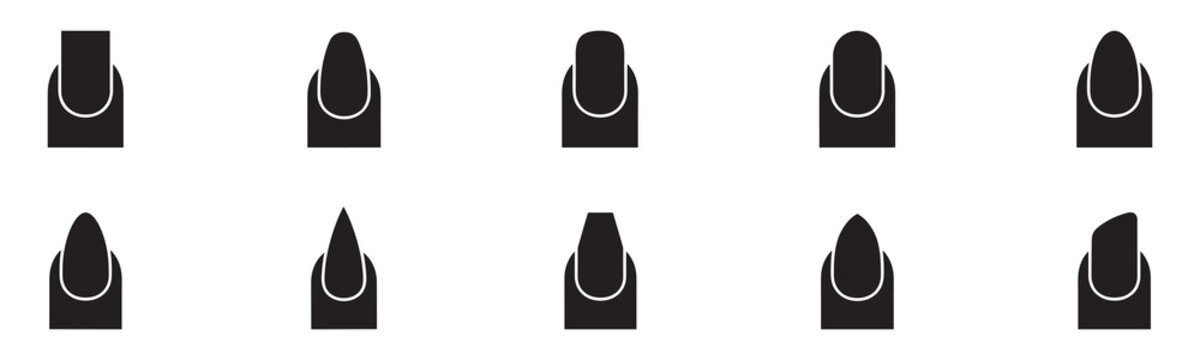 Nail shapes type icon set. Manicure and pedicure fingernail extension options. Square, oval, almond, stiletto, coffin, ballerina nail silhouettes. Vector illustration, black icons isolated on white ba