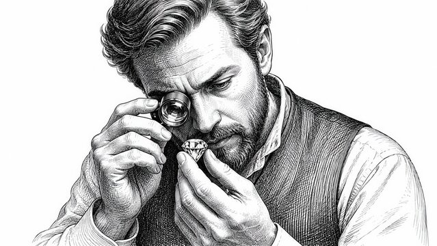 Vintage engraving sketch of professional gemologist examining brilliant diamond with jeweler loupe illustration