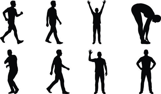 Running, walking, standing, waving, bending, expressive human silhouette poses collection, body language gestures, vector illustration, stock design image