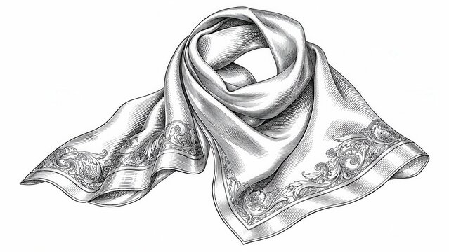 Elegant silk scarf engraving sketch illustration with ornamental pattern isolated on white background design