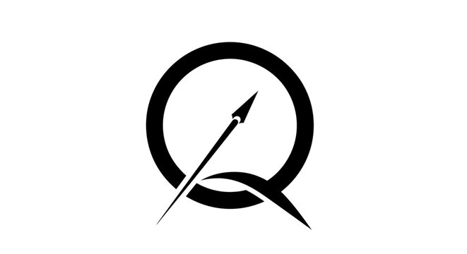 Minimalist black circle logo with spear element on white.