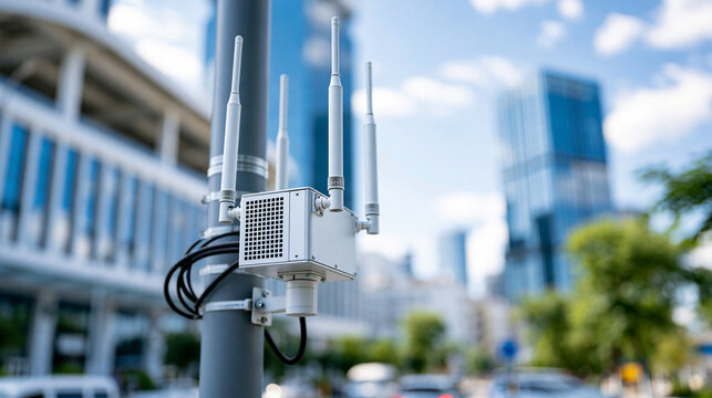 Modern edge computing node installation in outdoor urban environment with 5G antenna array and compact server unit mounted on smart city infrastructure pole, edge AI concept,