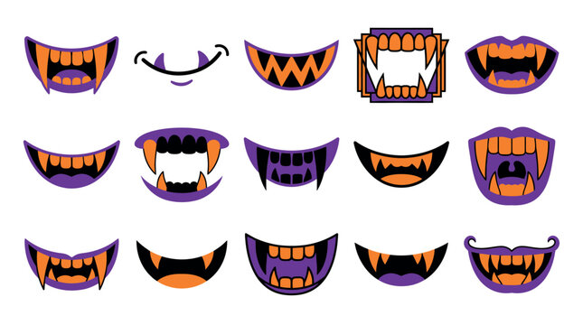 Halloween vampire fangs and mouths. Scary teeth illustrations