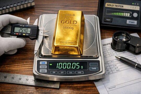 A gold bar is being measured on a scale