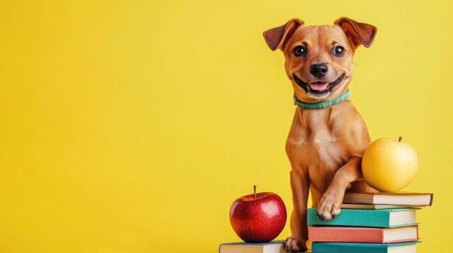 yellow banner. back to school. dog in eyeglasses. cool botanical style