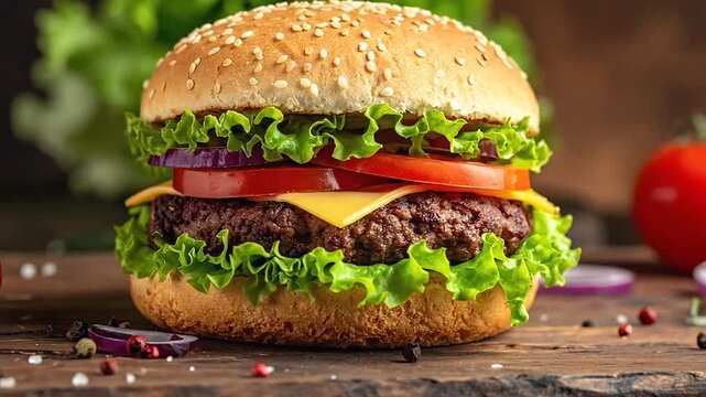 A delicious gourmet cheeseburger sits on a rustic wooden board with fresh vegetables