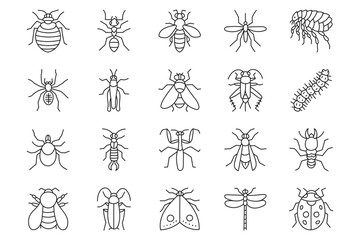 Black outline insect and bug icon set in minimalist line art style with snail, butterfly, ant, spider, bee and caterpillar pictograms. © icon studio 333