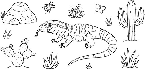 Cute Desert Tegu Lizard Vector Element Set with Cactus Rock and Kids Coloring Page Outline © MdAungur