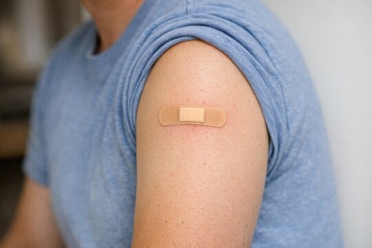 A person with a small wound or cut on their arm covered with a band aid, possibly after minor injury