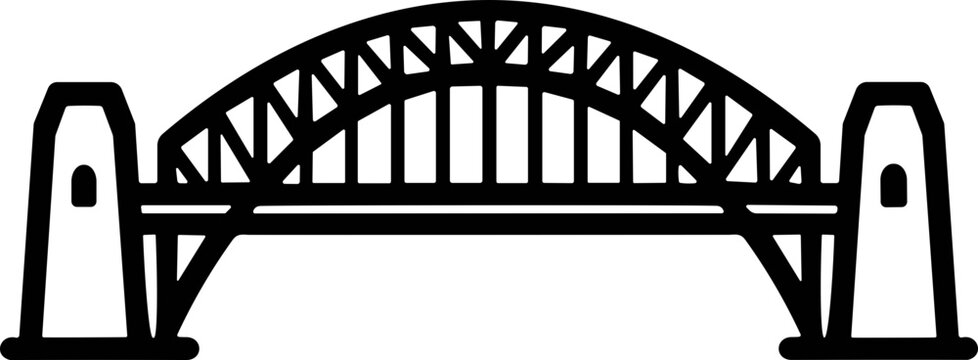 Simple black and white illustration of a steel arch bridge silhouette
