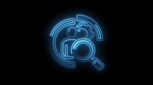 Neon blue outline icon of magnifying glass over person silhouette with gear inside circular