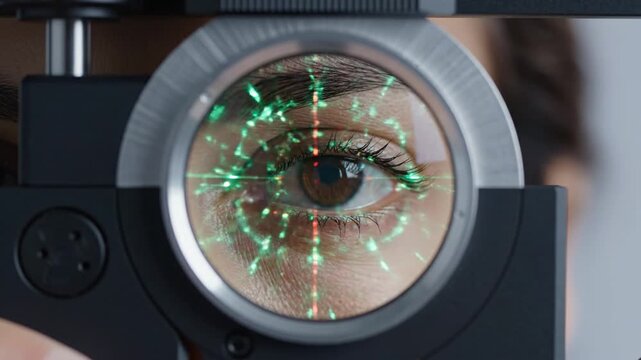 A high-tech biometric scan of a human eye. Green and red laser patterns project onto the iris during an advanced medical examination or futuristic security identification process.